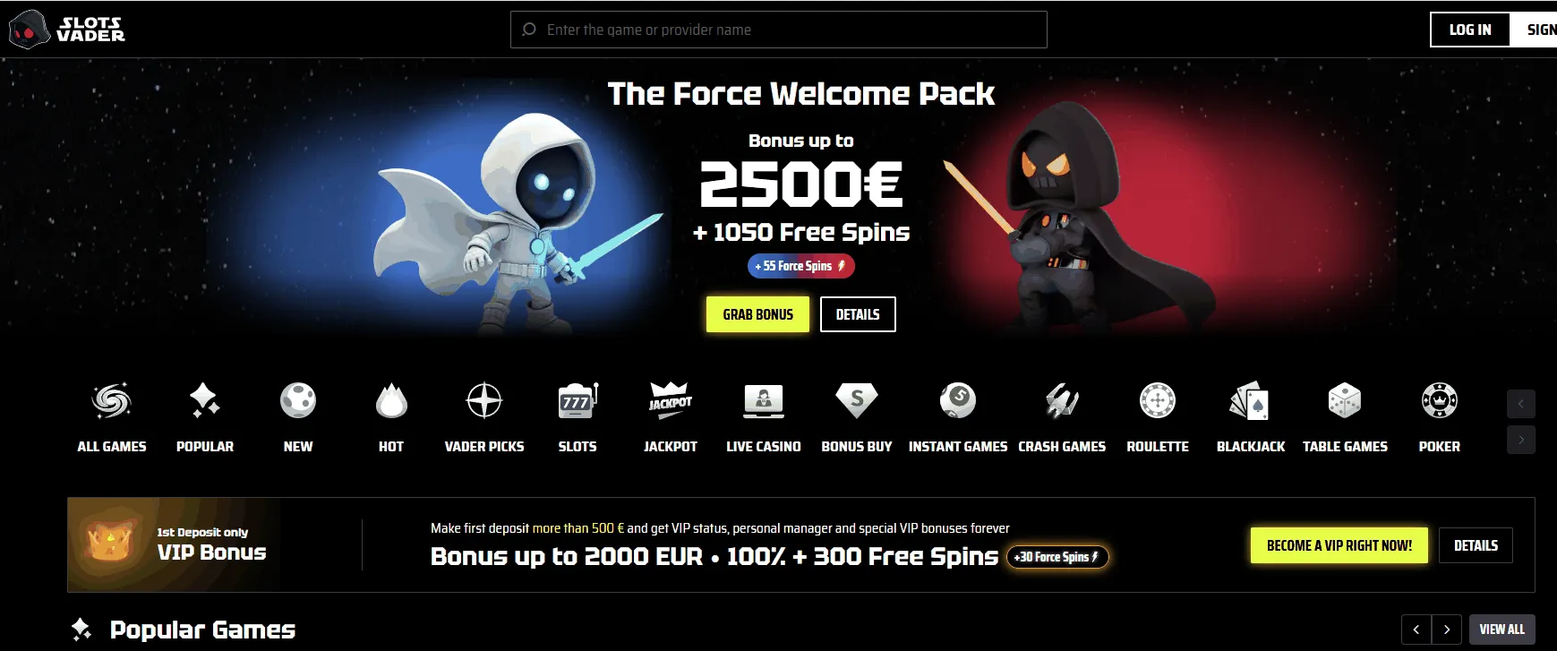 SlotsVader online casino page SlotsVader casino homepage