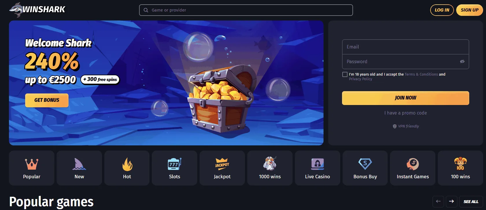 Winshark online casino page Winshark casino homepage