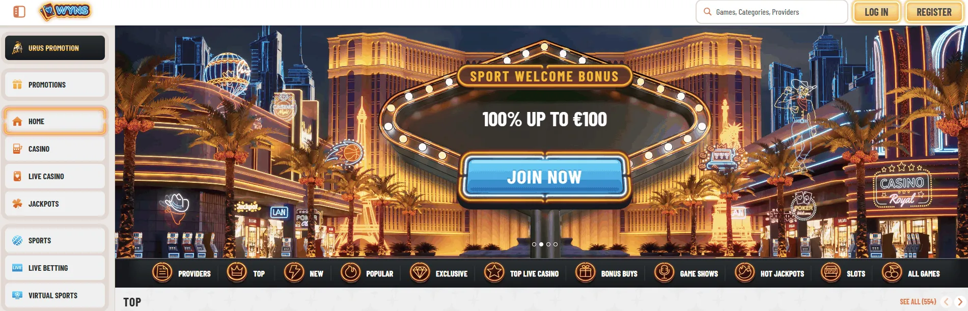 Wyns online casino page Wyns casino homepage